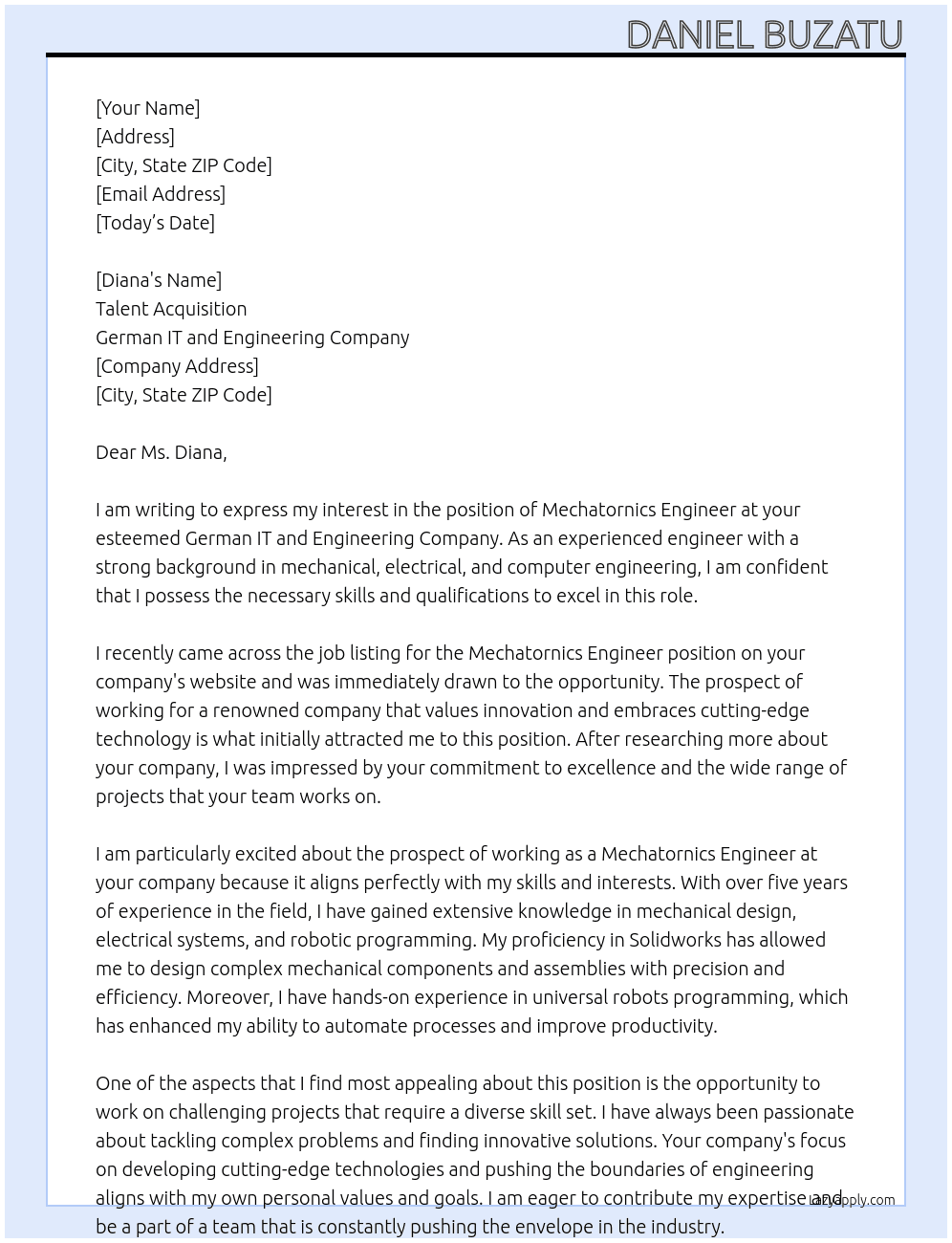 Mechatornics Engineer At German IT and engineering company Cover Letter