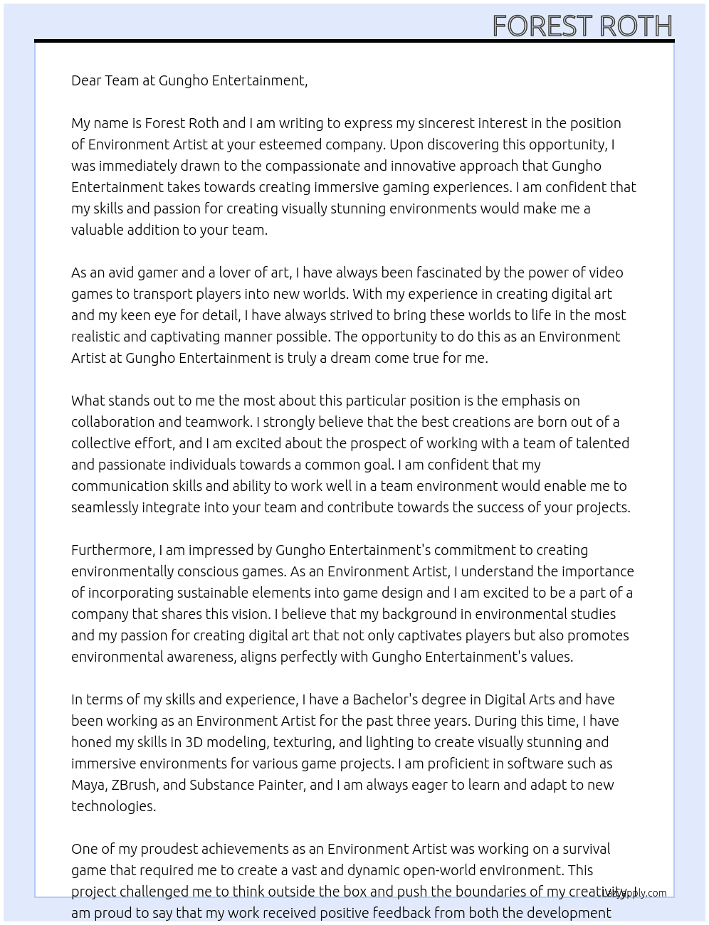 Environment Artist At Gungho Entertainment Cover Letter
