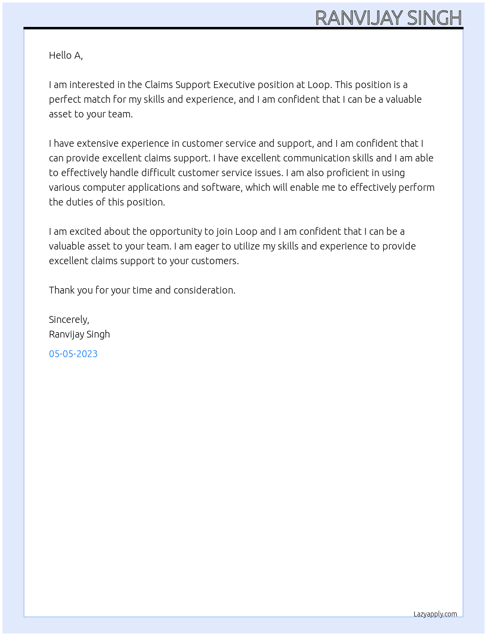 Claims Support Executive At Loop Cover Letter