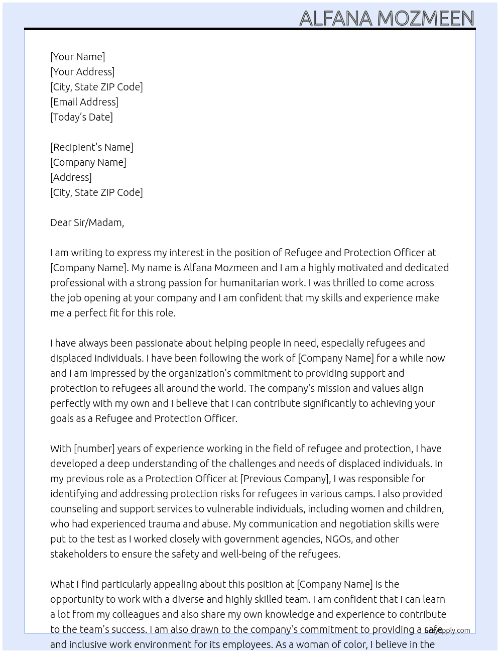 Refugee and Protection Officer At Refugee and Protection Officer Cover Letter