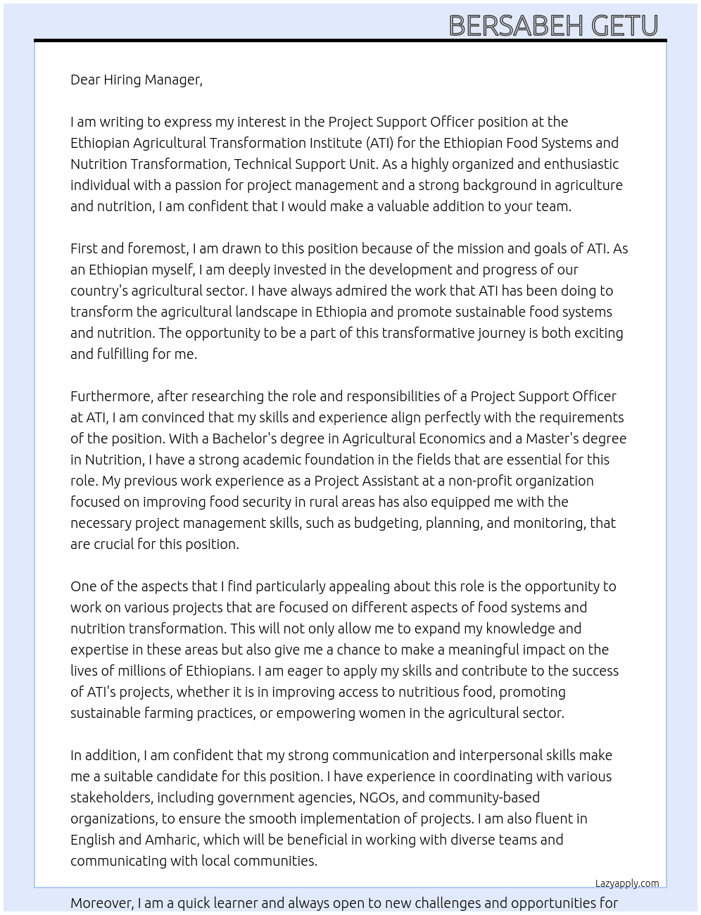 Project Support Officer At ETHIOPIAN AGRICULTURAL TRANSFORMATION INSTITUTE (ATI)  Ethiopian Food Systems and Nutrition Transformation,  Technical Support Unit Cover Letter