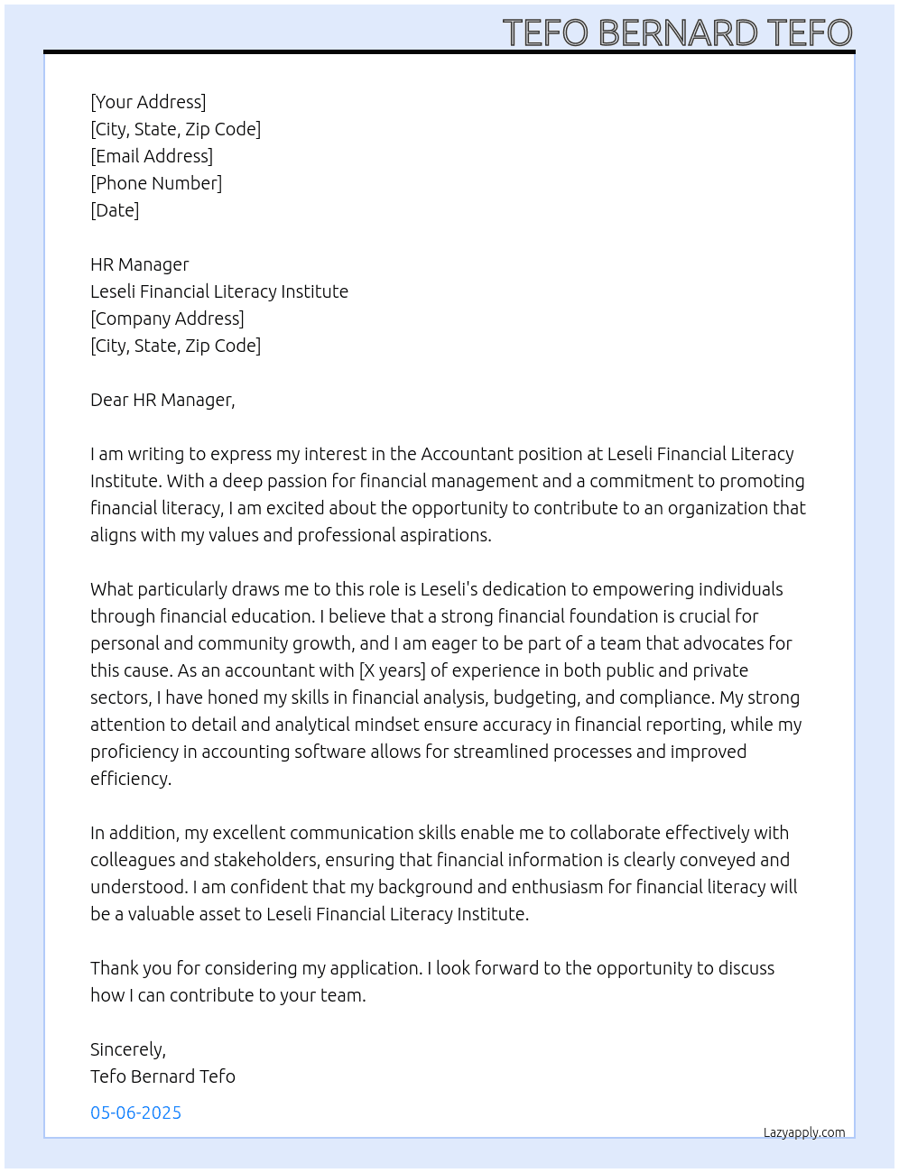 Accountant  At Leseli Financial Literacy Institute Cover Letter