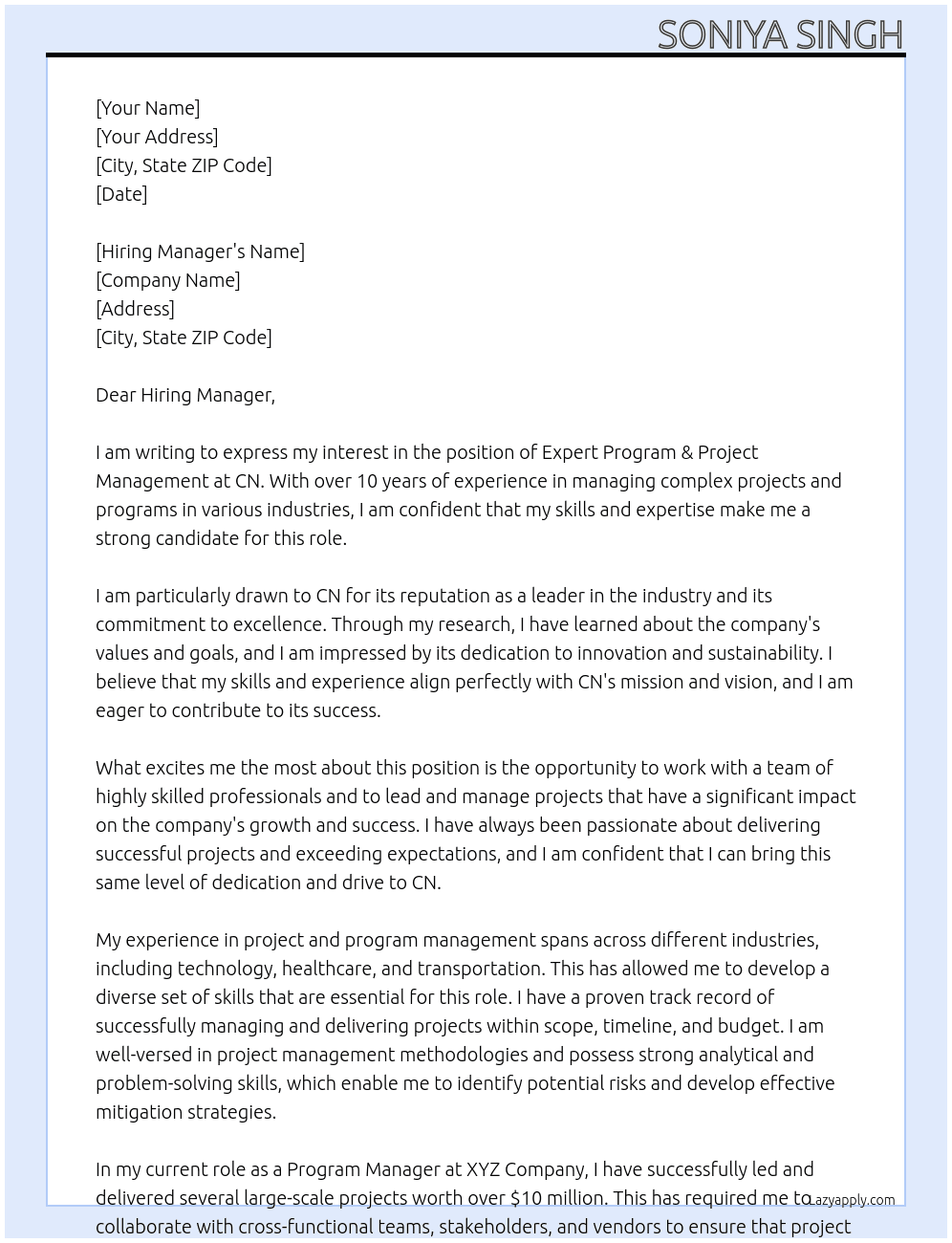 Expert Program & Project Management At CN Cover Letter
