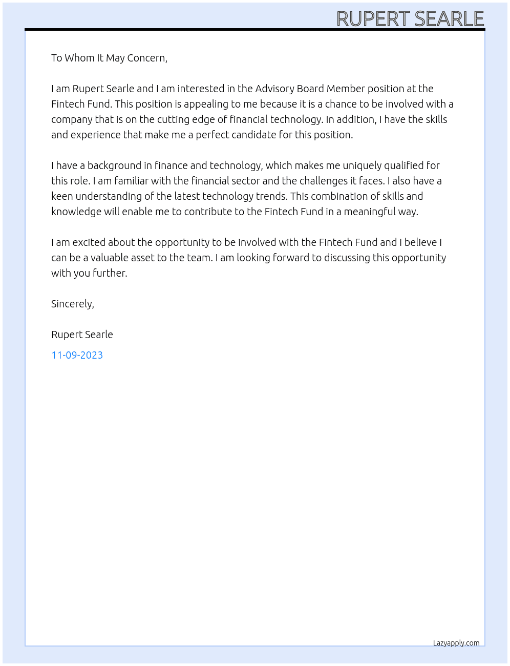Advisory Board Member At Fintech Fund Cover Letter