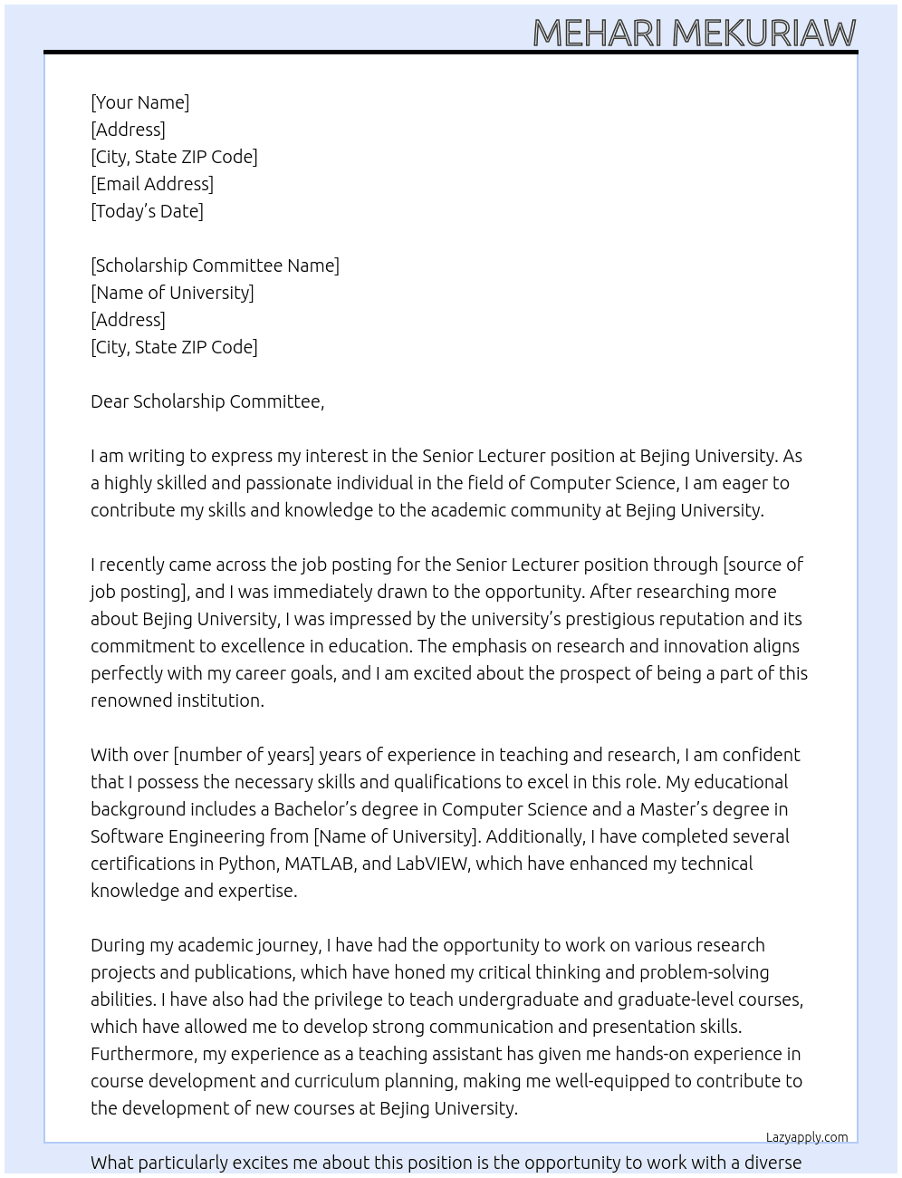 Senior Lecturer At Bejing University Cover Letter