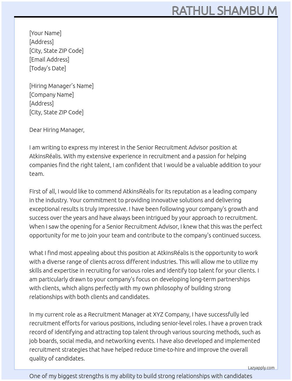 Senior Recruitment Advisor At AtkinsRéalis Cover Letter