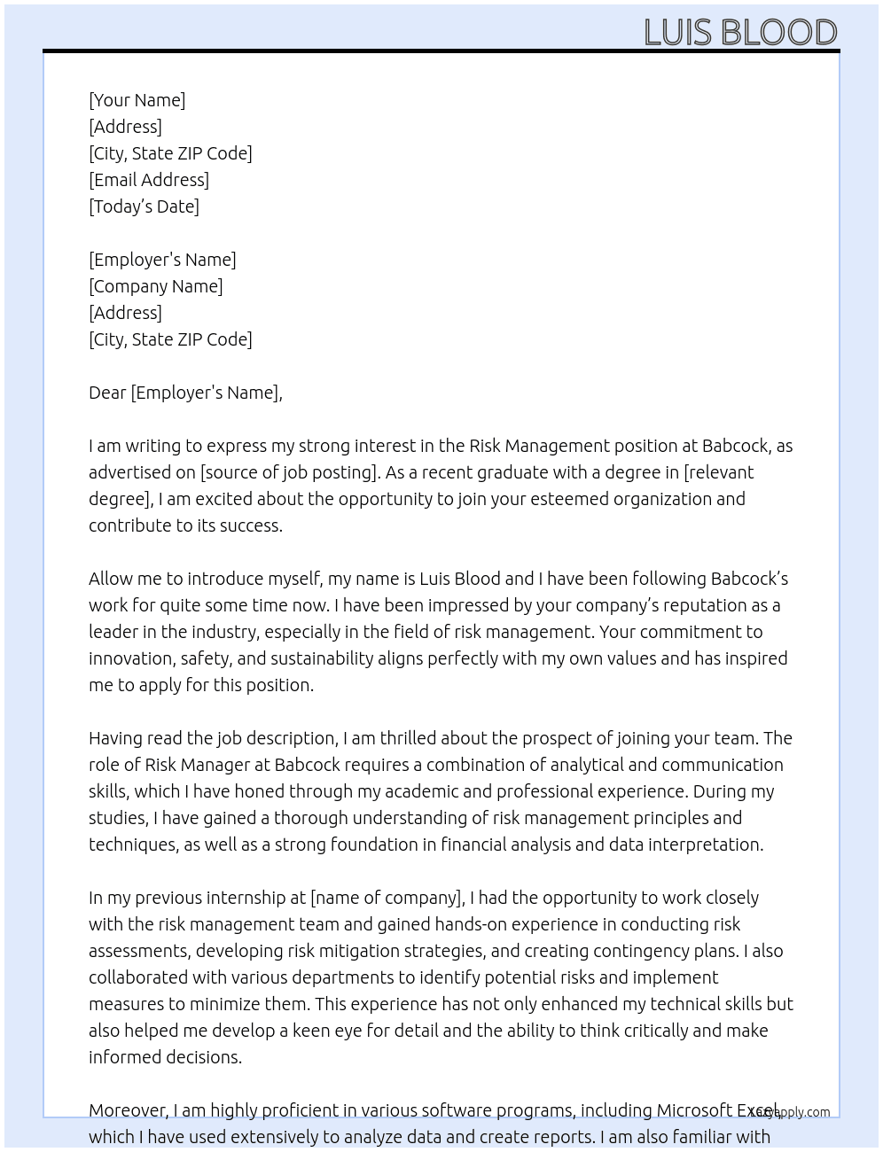risk management  At Babcock Cover Letter