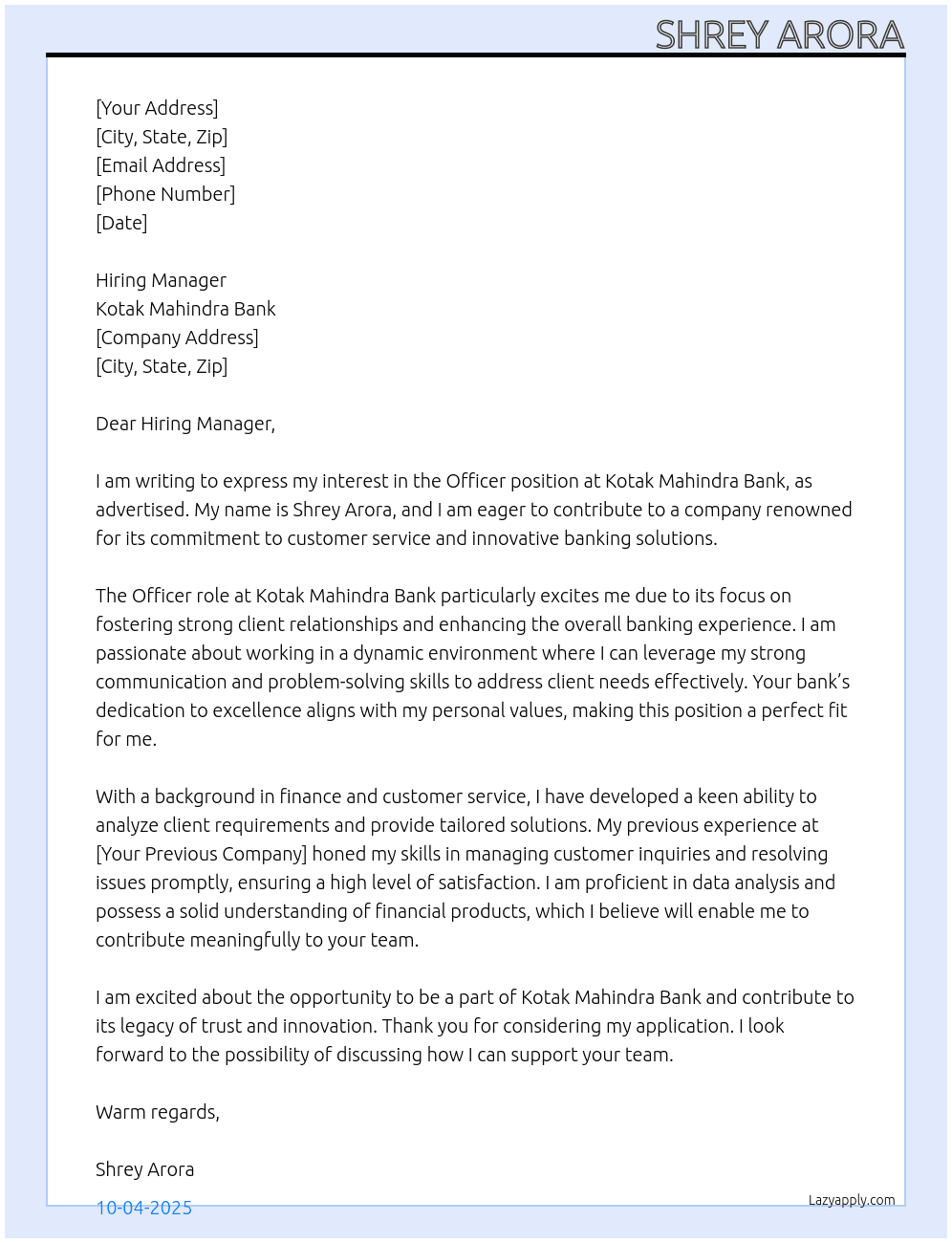 Officer  At Kotak mahindra bank Cover Letter