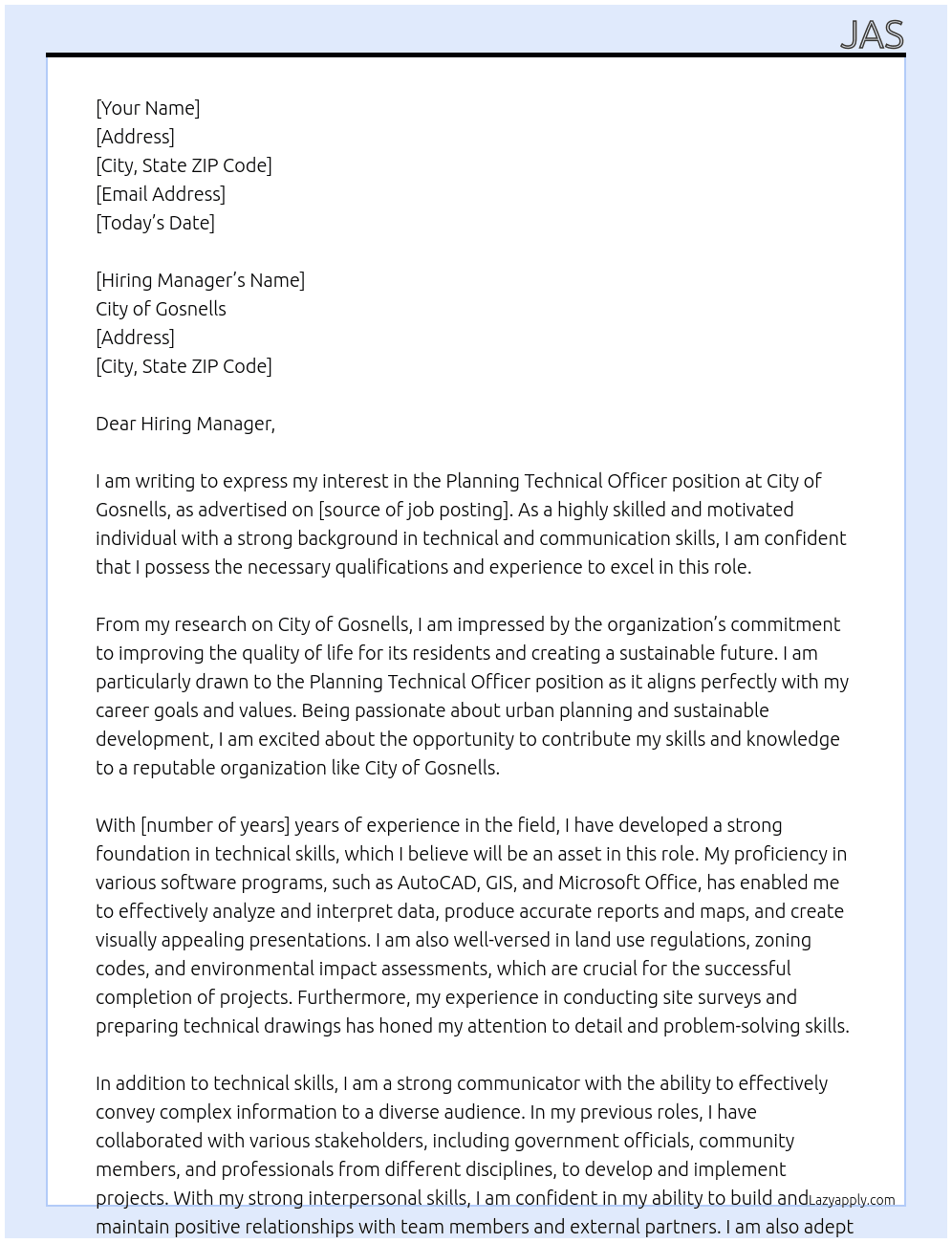 Planning Technical Officer At City of Gosnells Cover Letter