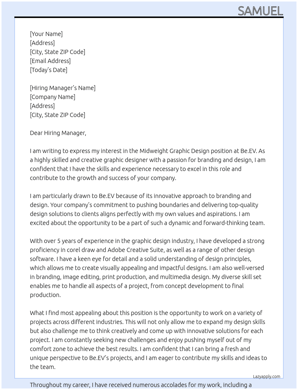midweight graphic design At Be.EV Cover Letter