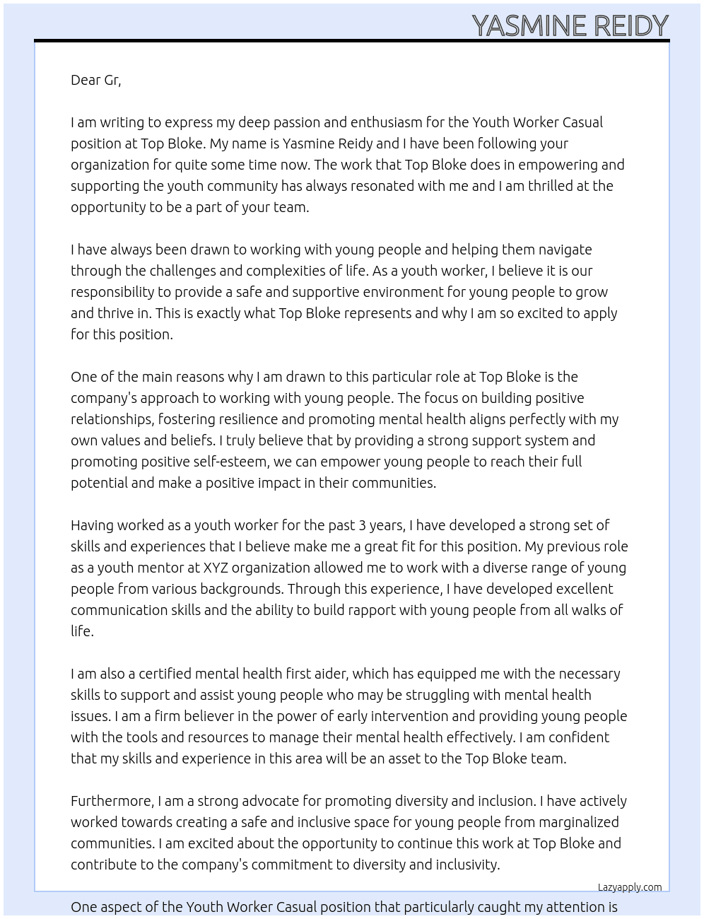 Youth Worker Casual At Top bloke Cover Letter
