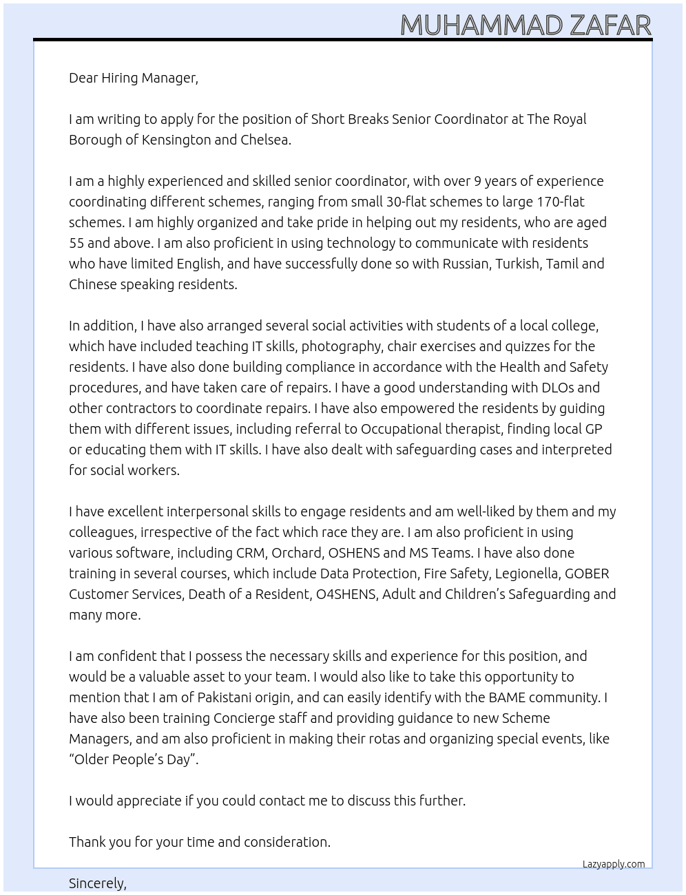 Short Breaks Senior Coordinator At The Royal Borough of Kensington and Chelsea Cover Letter