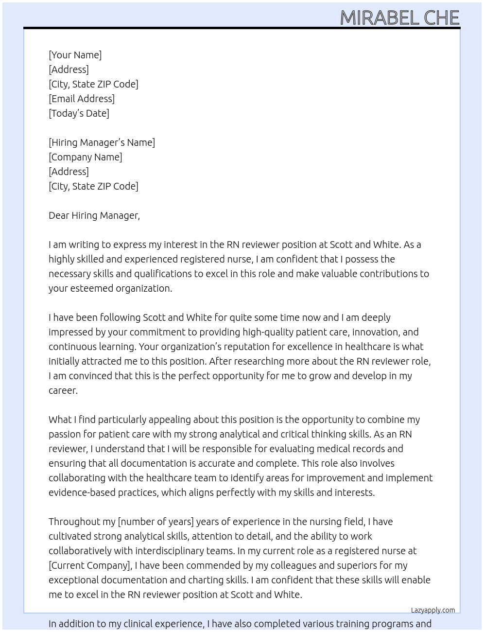 RN reviewer At Scott and white Cover Letter