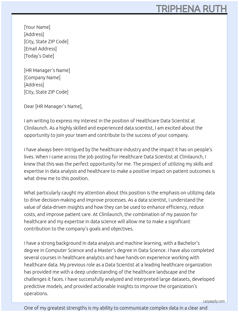 Healthcare Data Scientist At Clinilaunch Cover Letter