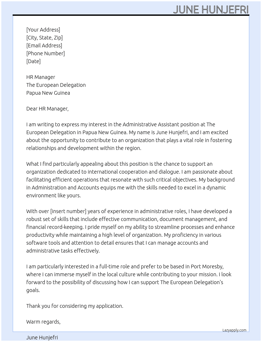 Administrative Assistant At The European Delegation - Papau New Guinea Cover Letter