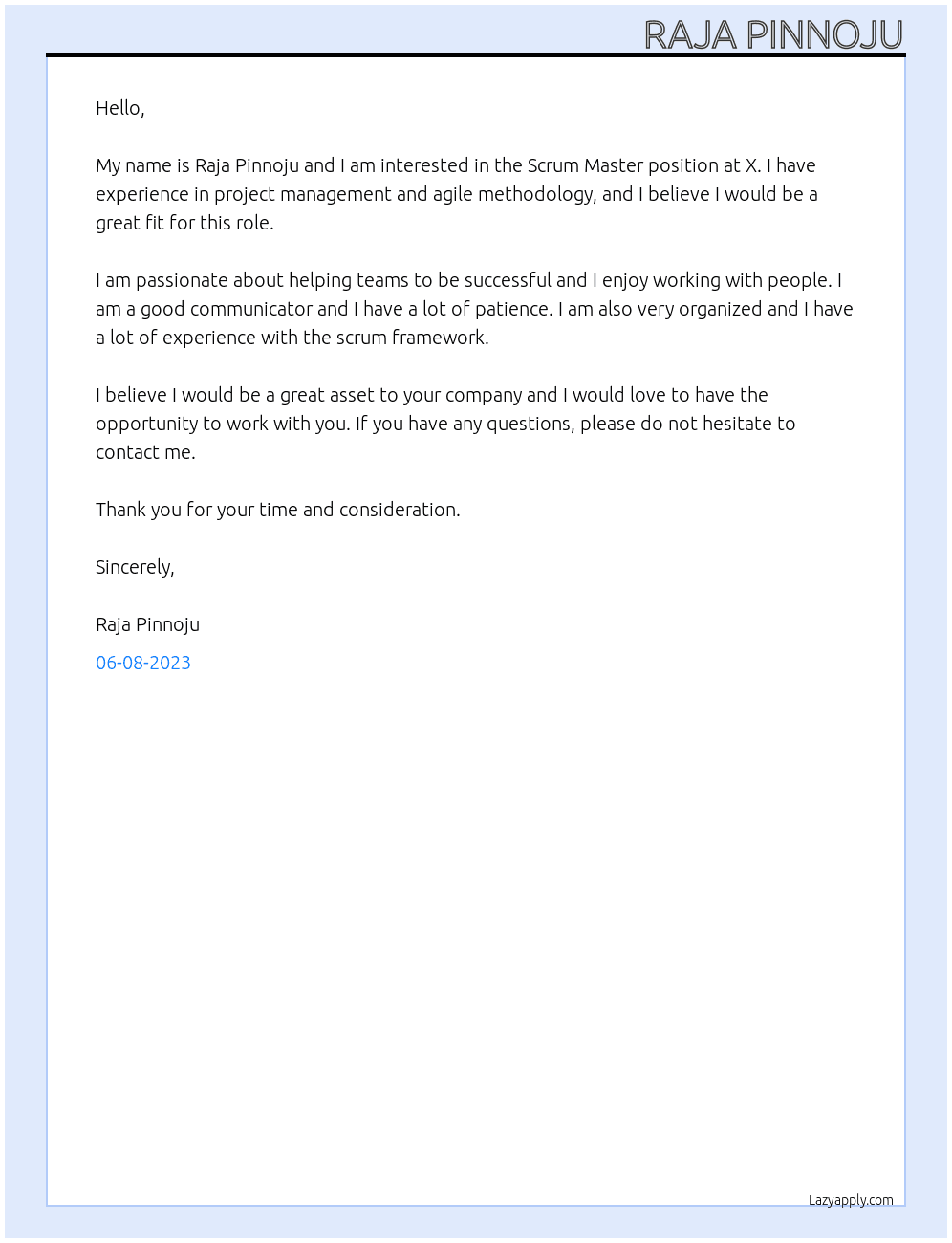 Scrum Master  At X Cover Letter