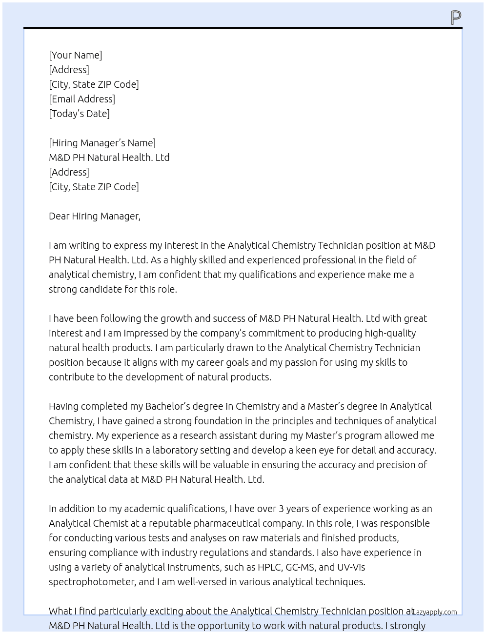 Cover letter for analytical chemistry technician - LazyApply