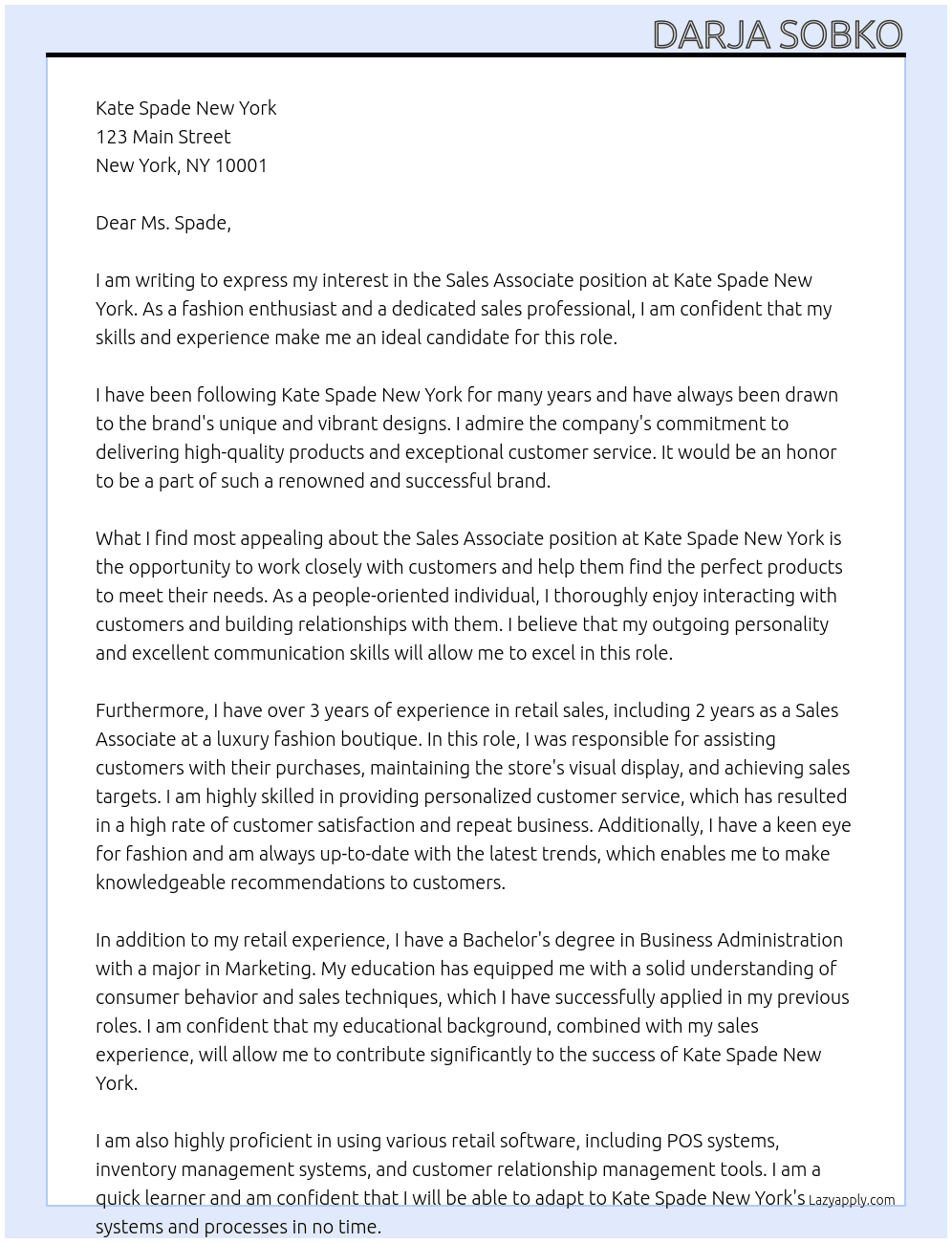 Sales Associate  At Kate Spade New York Cover Letter