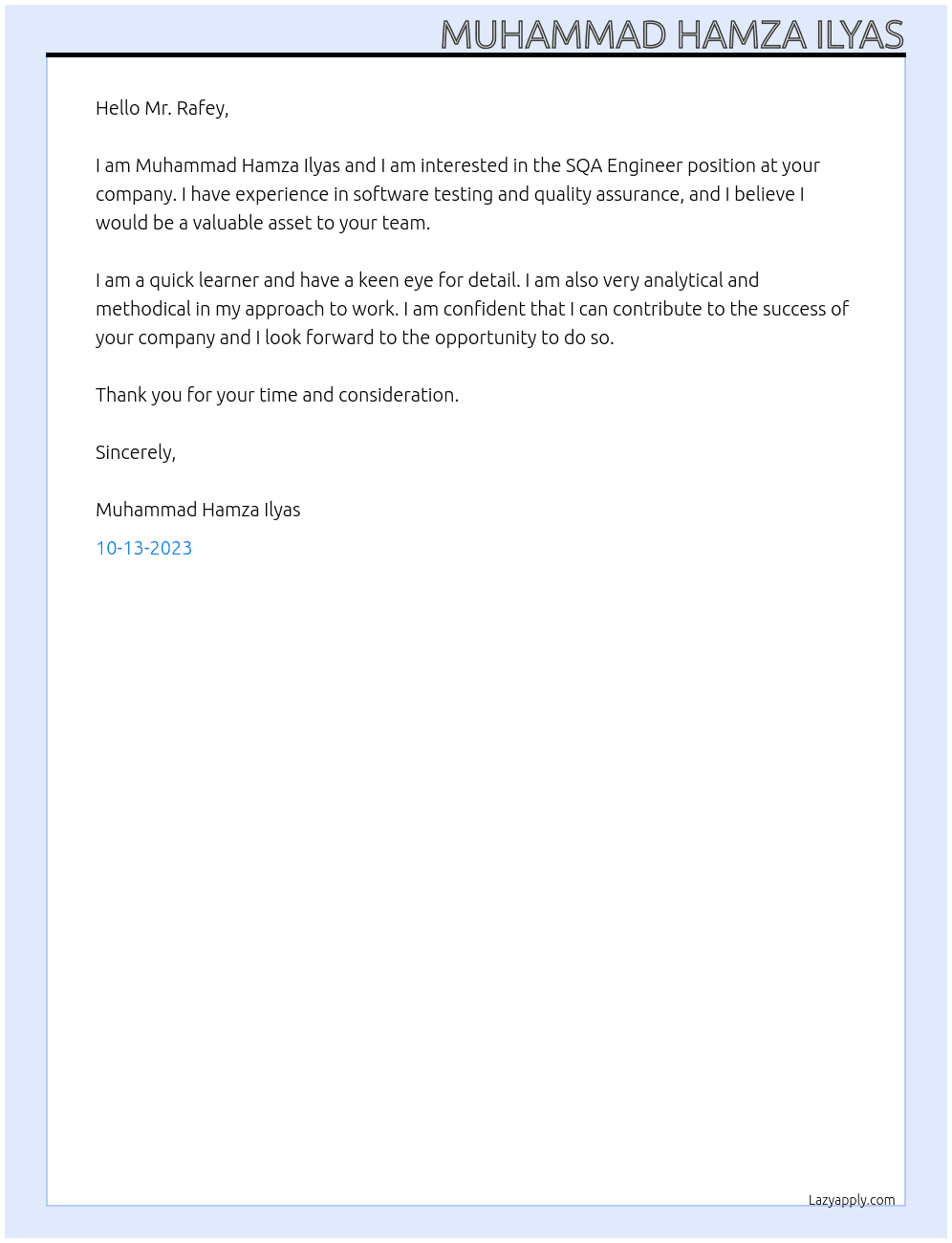 SQA Engineer At SQA Internee Cover Letter