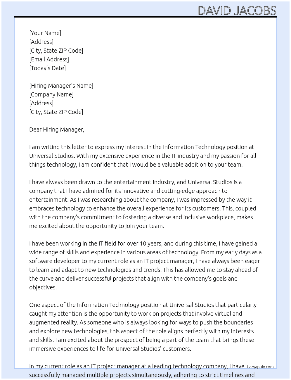 Information technology At Universal Studios Cover Letter