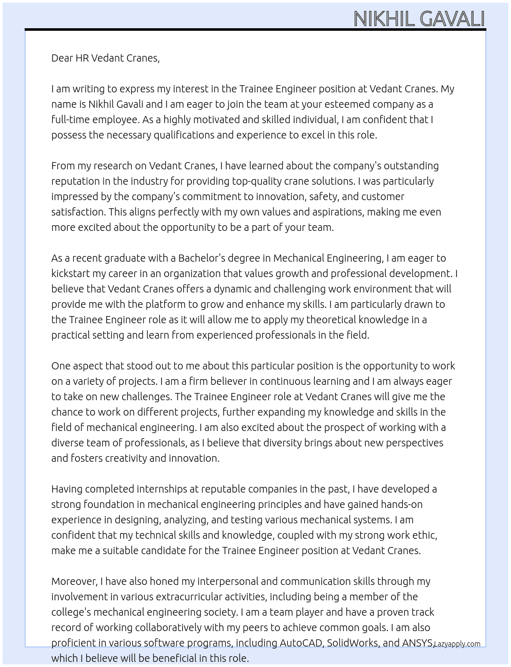 Trainee engineer At Vedant cranes  Cover Letter