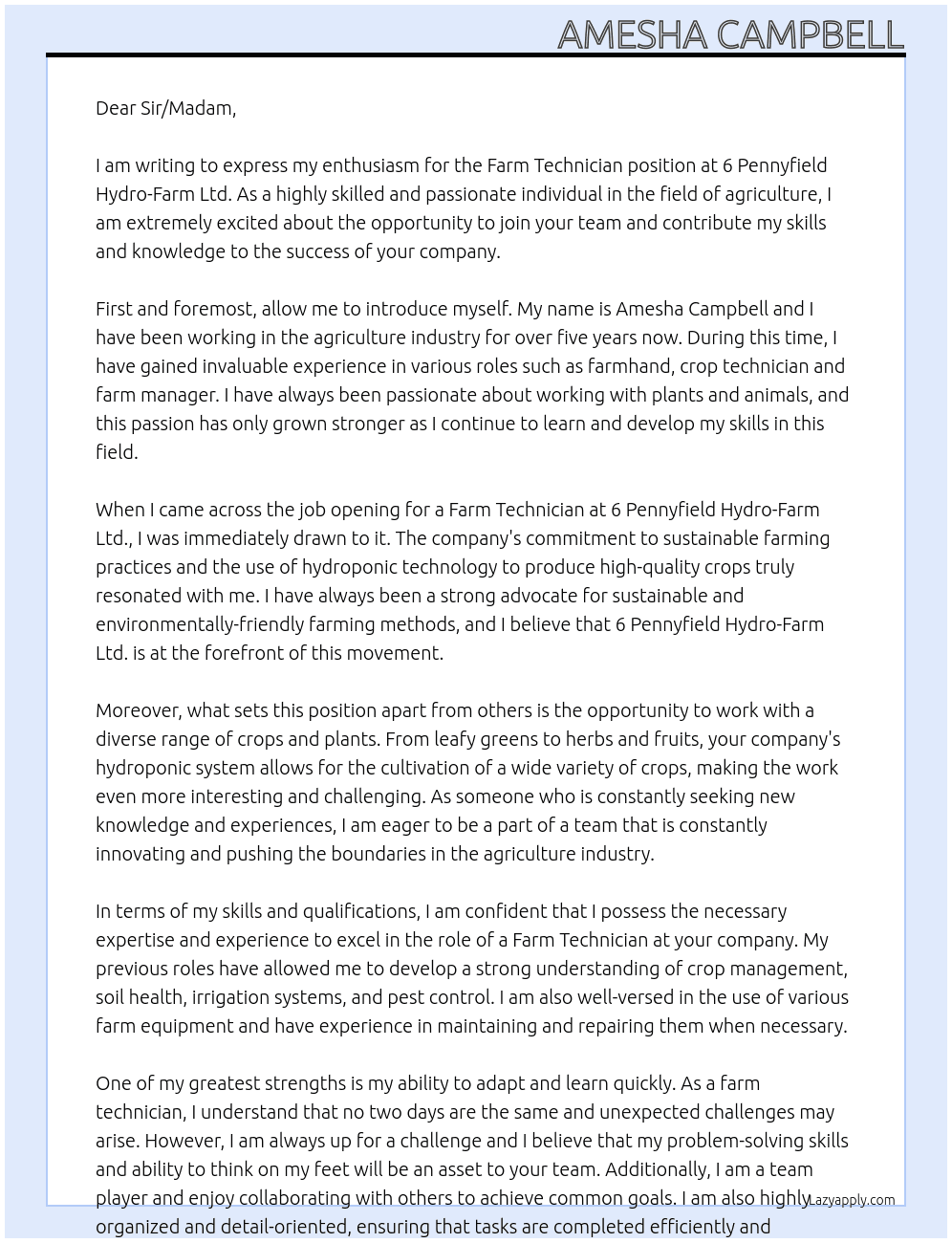 Farm technician At 6 Pennyfield Hydro-Farm Ltd. Cover Letter