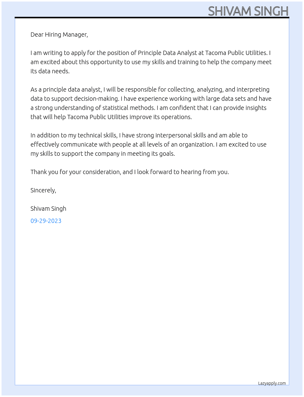 principle data analyst At Tacoma Public Utilities Cover Letter
