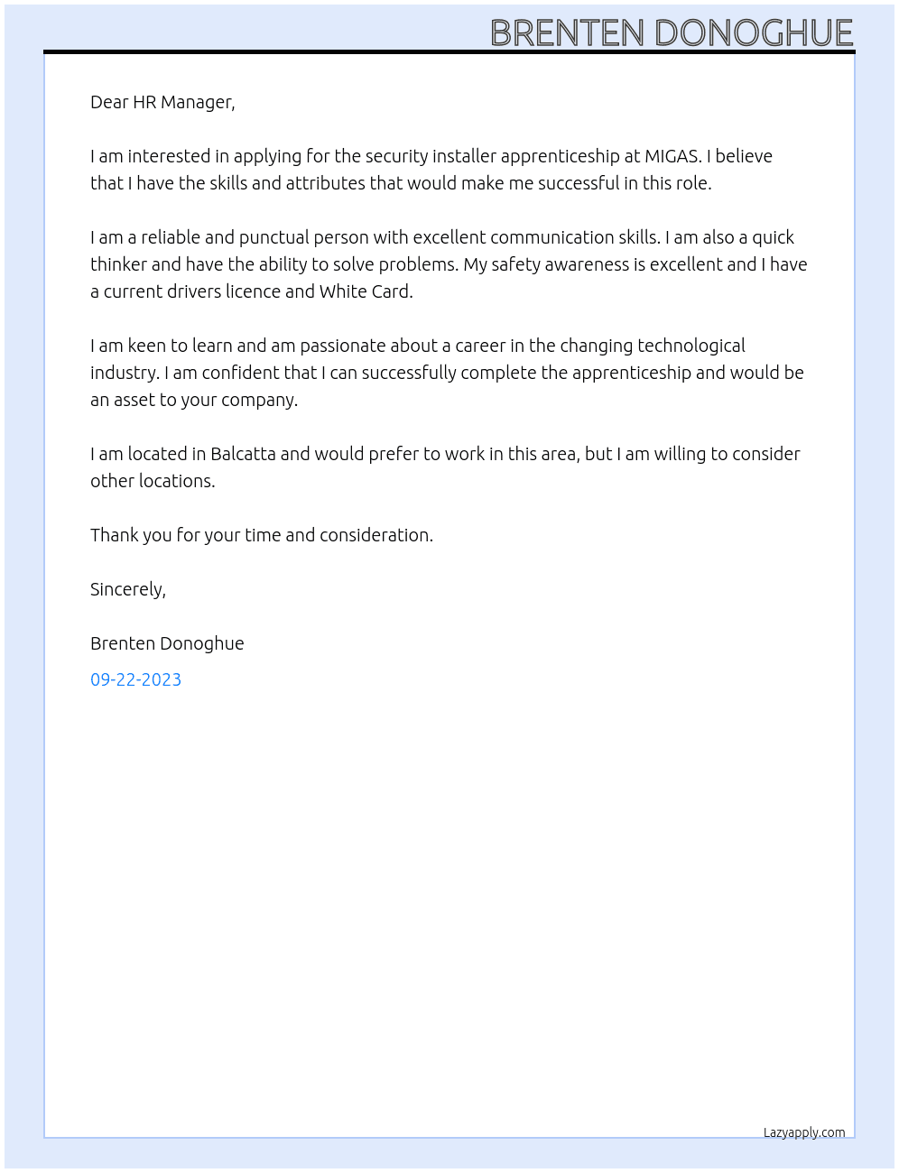 security installer Apprenticeship At MIGAS Cover Letter