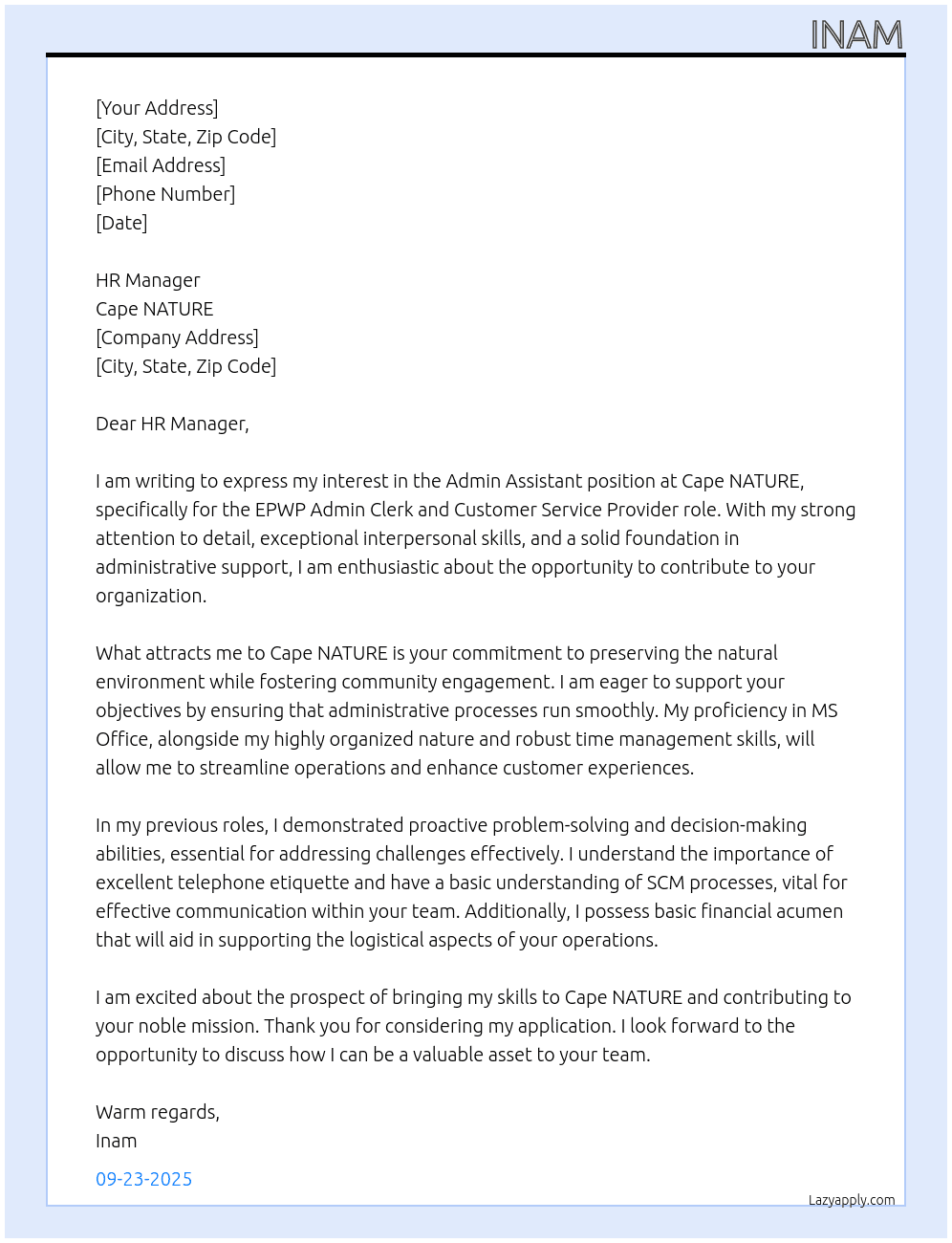 Admin Assistant At Cape NATURE Cover Letter