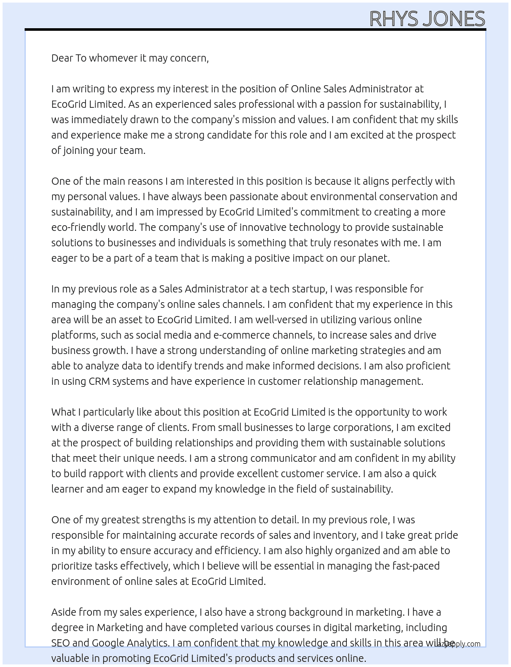 Online Sales Administrator At EcoGrid Limited Cover Letter