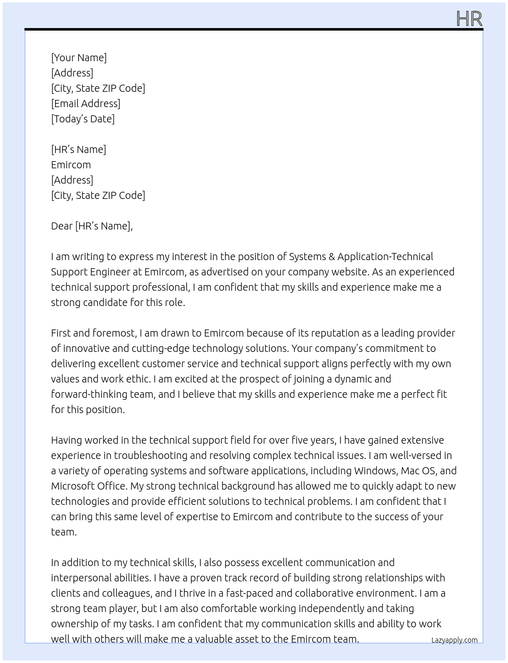 Systems & Application-Technical Support Engineer   At Emircom Cover Letter
