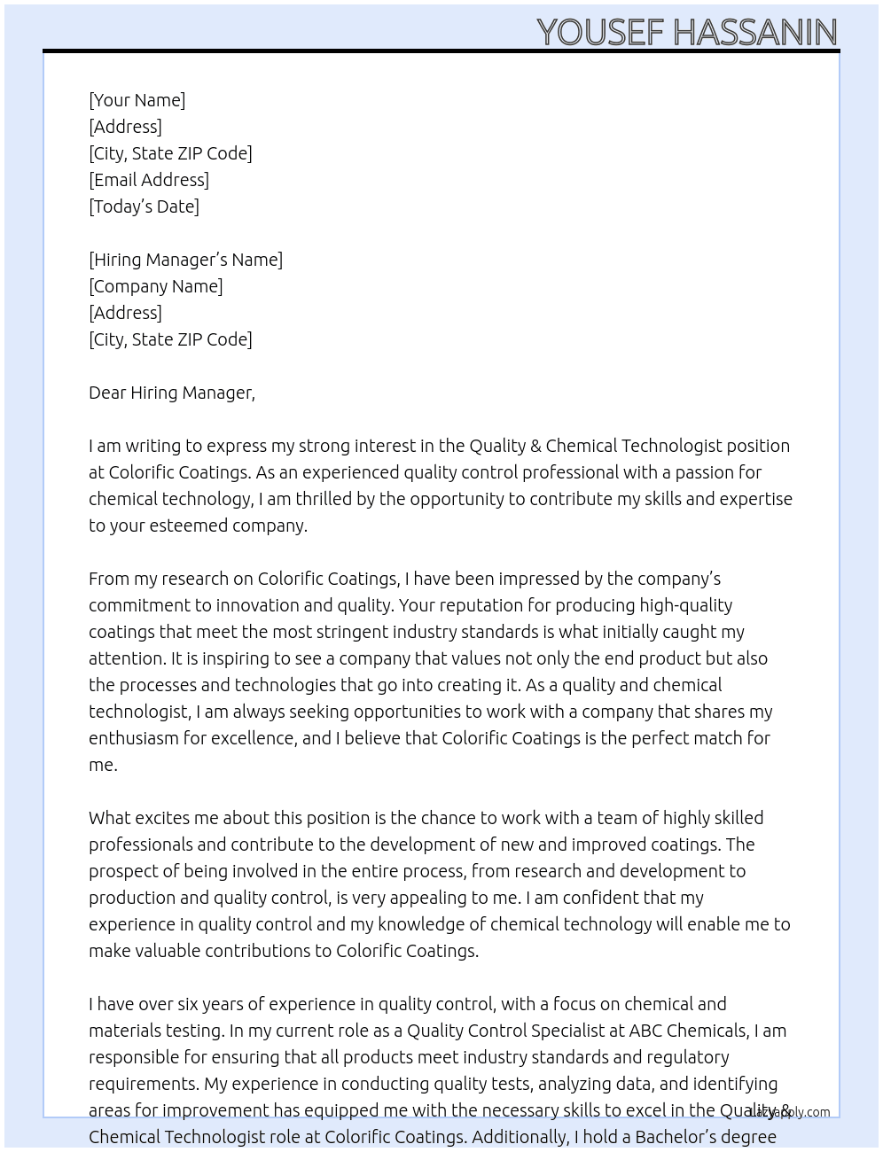 Quality & Chemical Technologist At Colorific Coatings Cover Letter