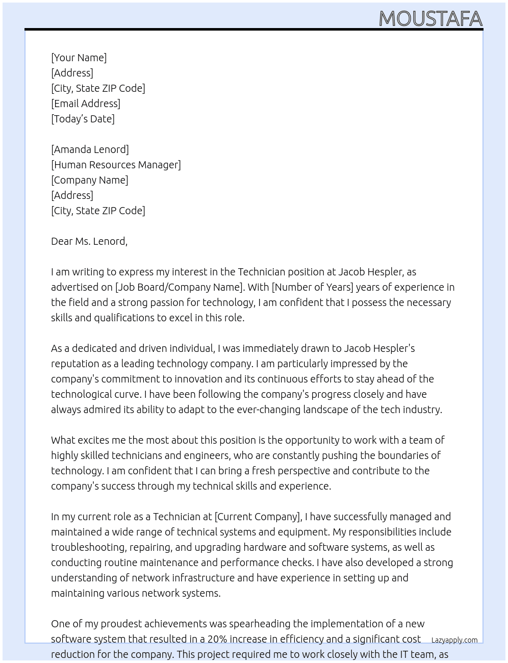 technician At Jacob Hespler  Cover Letter
