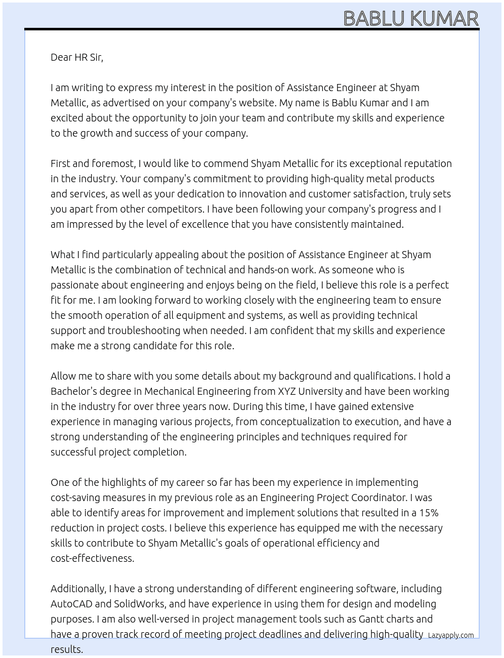 Assistance Engineer At Shyam Metallic Cover Letter