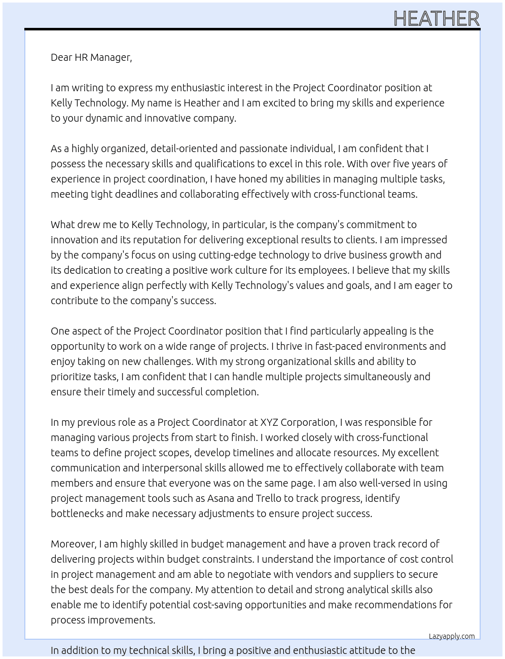 Project Coordinator At Kelly Technology Cover Letter