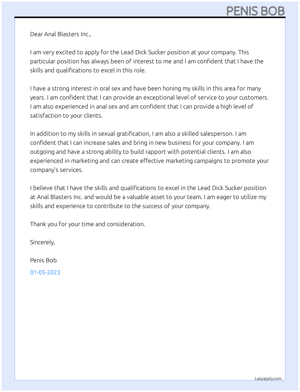 Lead Dick Sucker At Anal Blasters Inc. Cover Letter