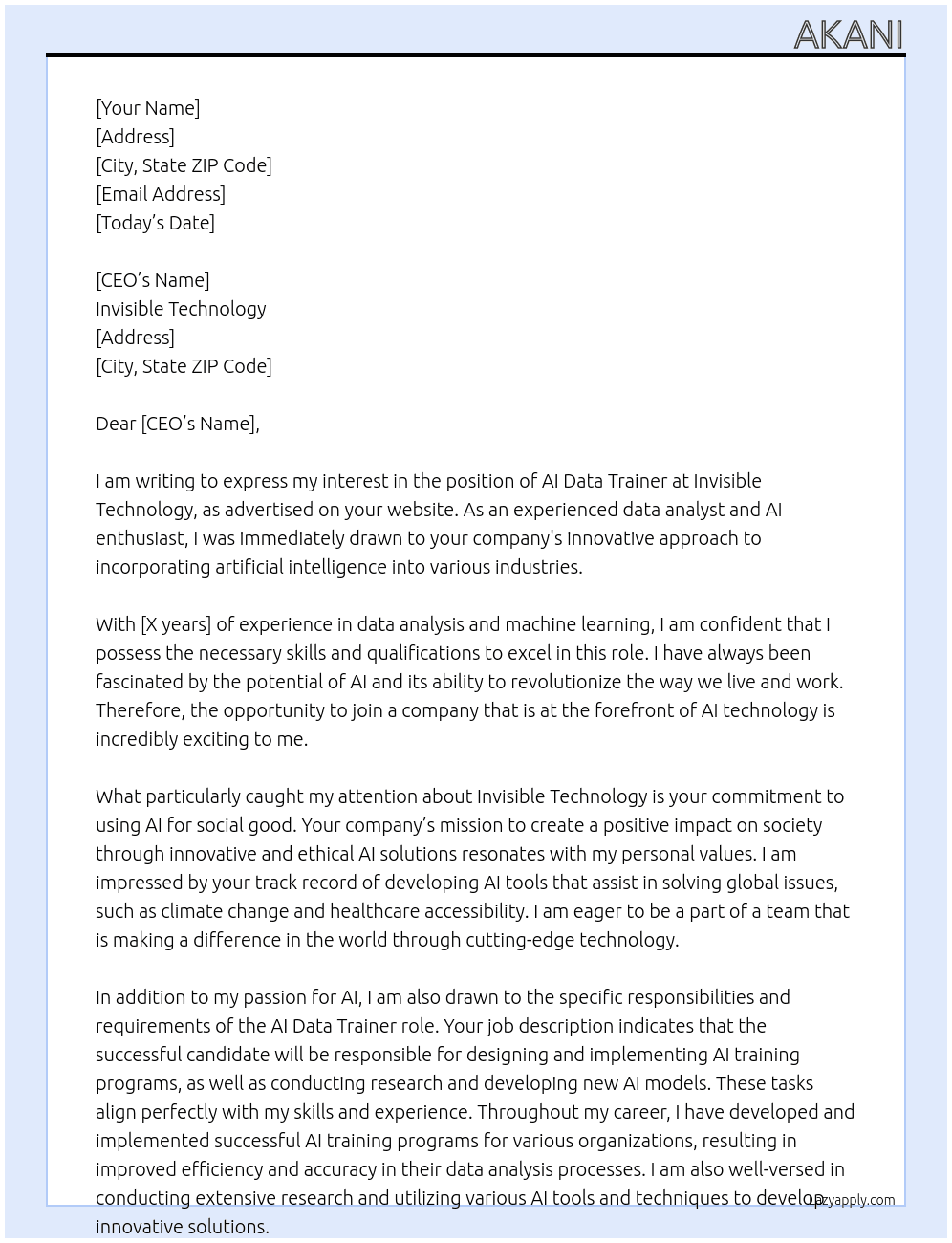 AI data trainer  At invisible technology  Cover Letter