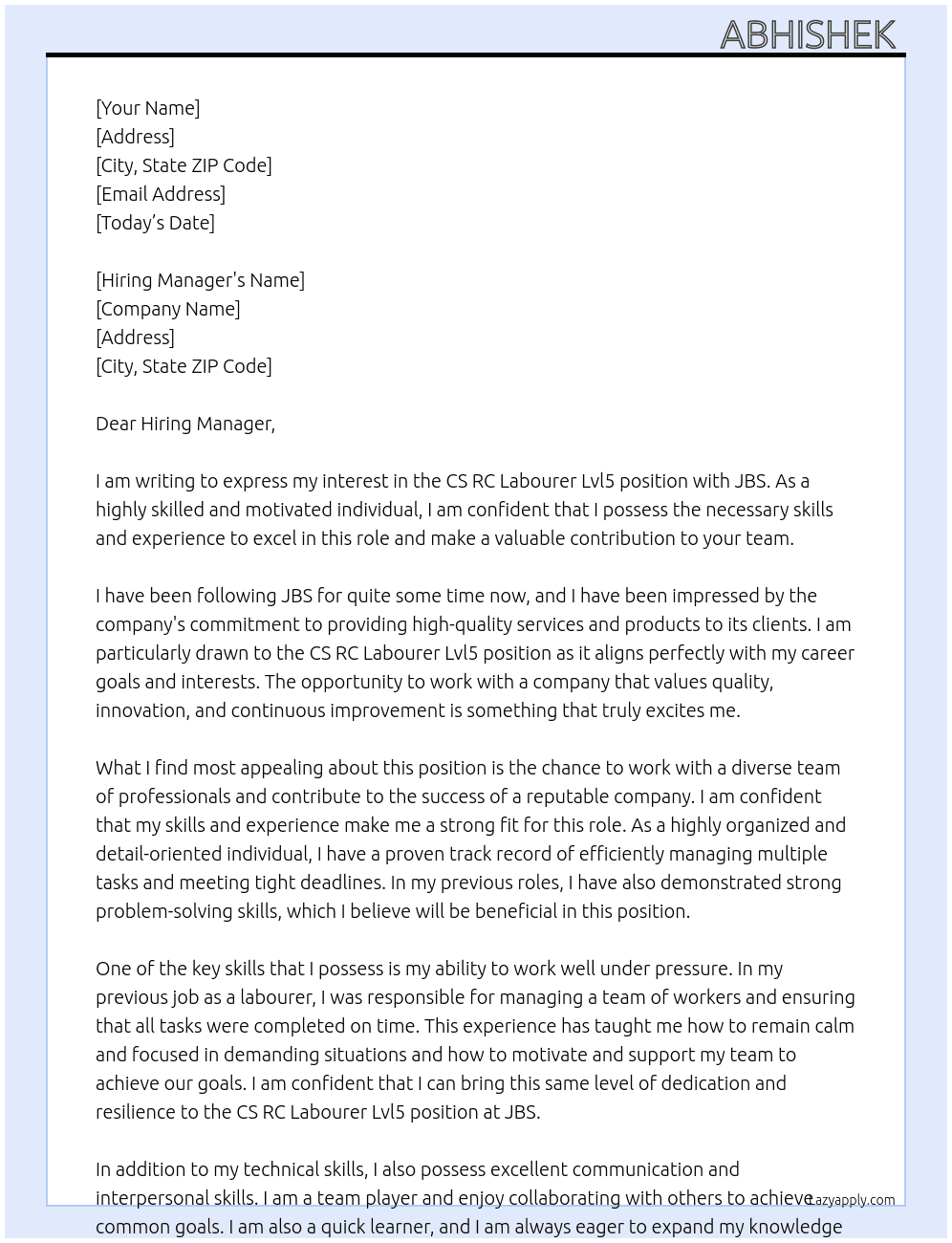  CS RC Labourer Lvl5 At JBS Cover Letter