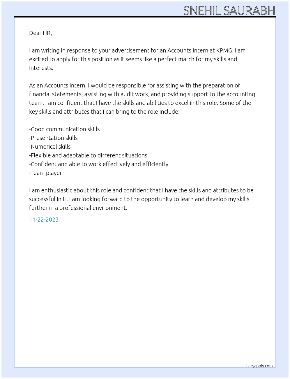 Accounts Intern At Dupont Cover Letter