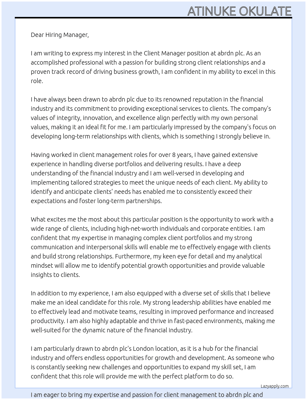 Client Manager At abrdn plc Cover Letter