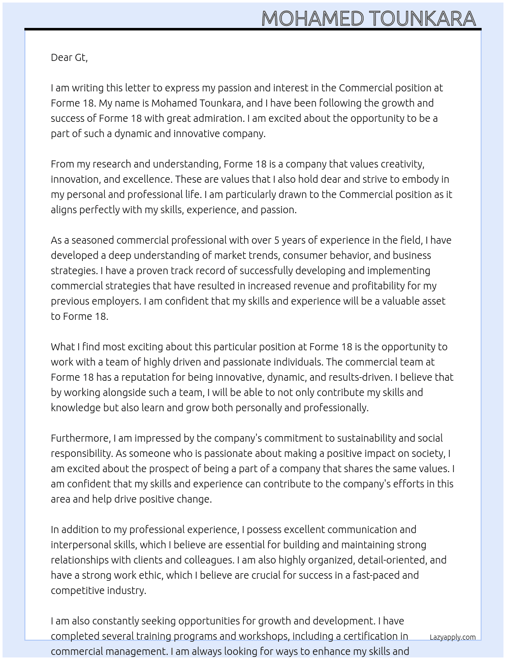 Commercial  At Forme 18 Cover Letter