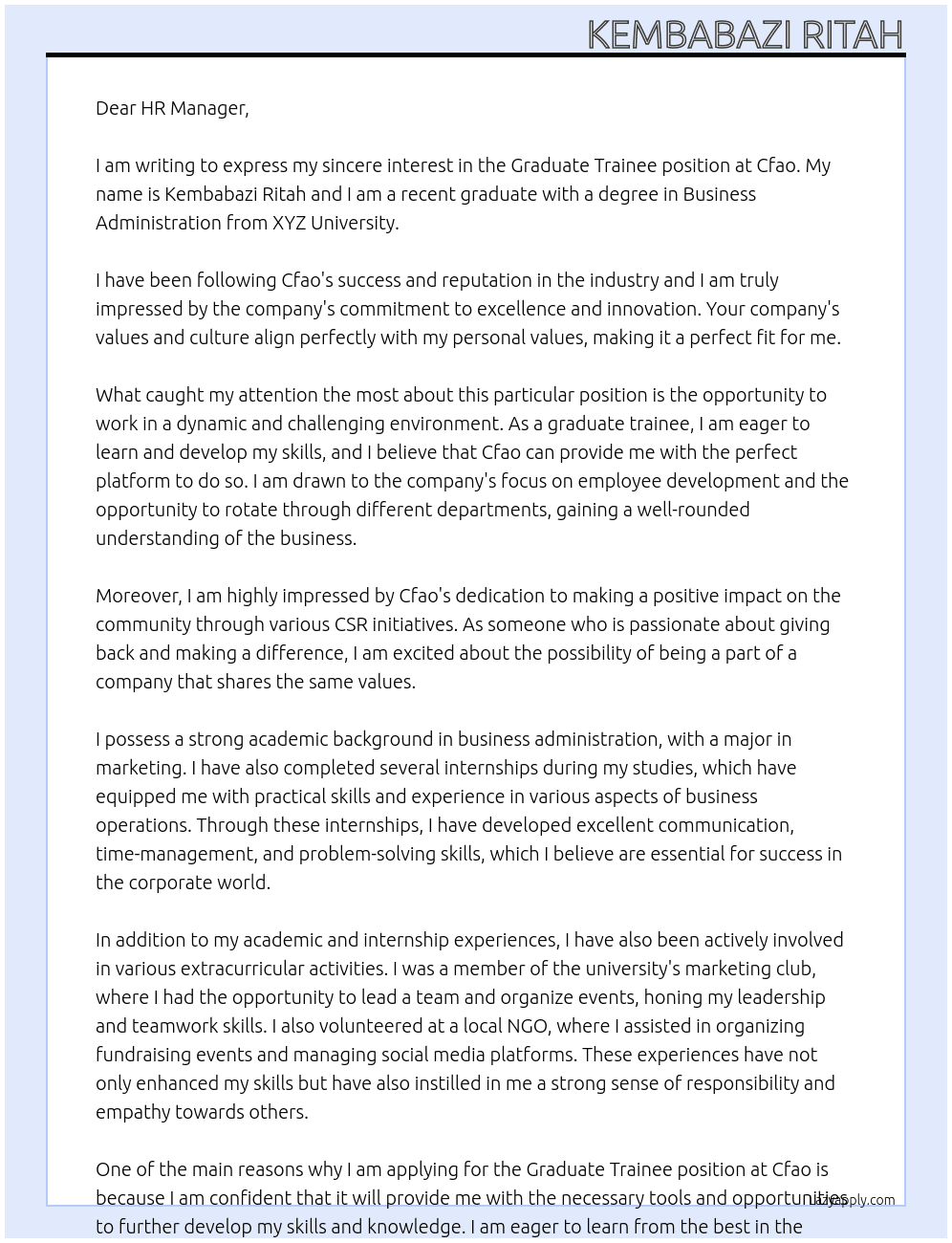 Graduate trainee  At Cfao Cover Letter