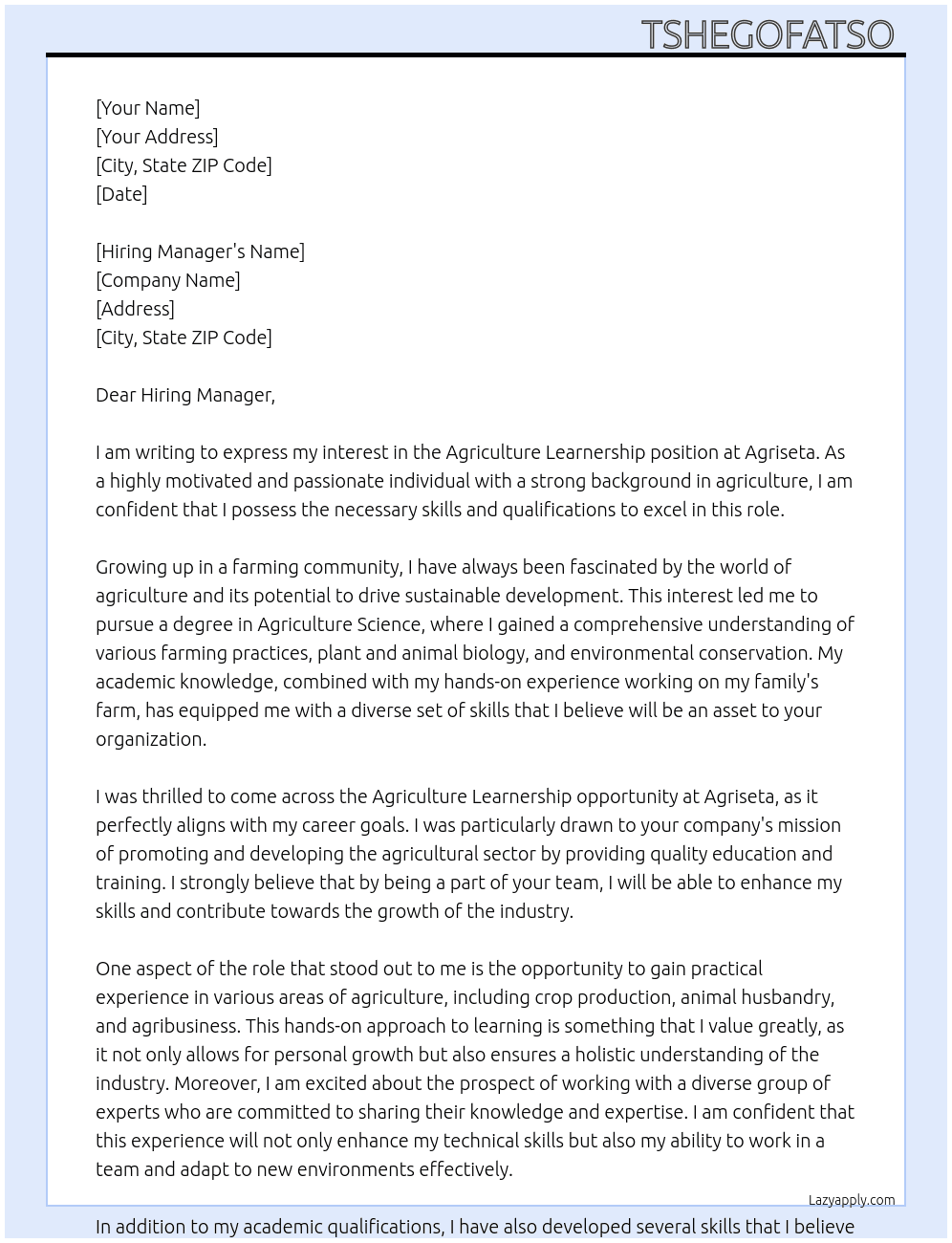 Agriculture Learnership At Agriseta Cover Letter