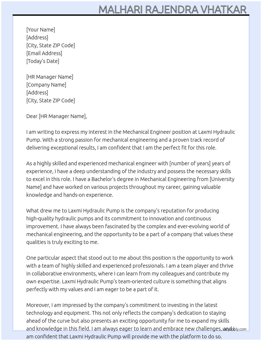Mechanical engineer  At Laxmi hydrolic pump Cover Letter