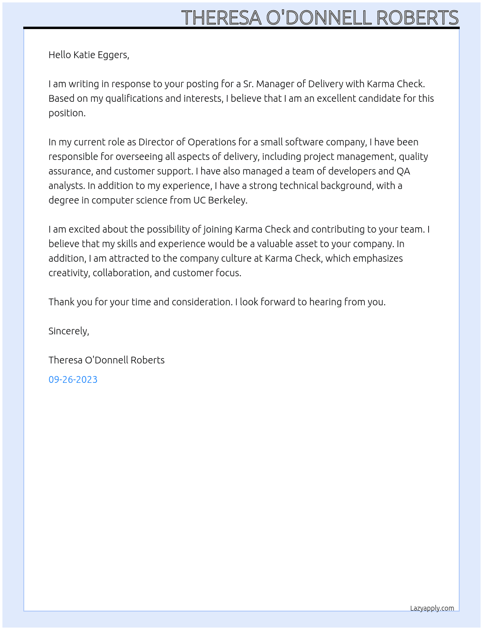 Sr Manager, Delivery At Karma Check Cover Letter