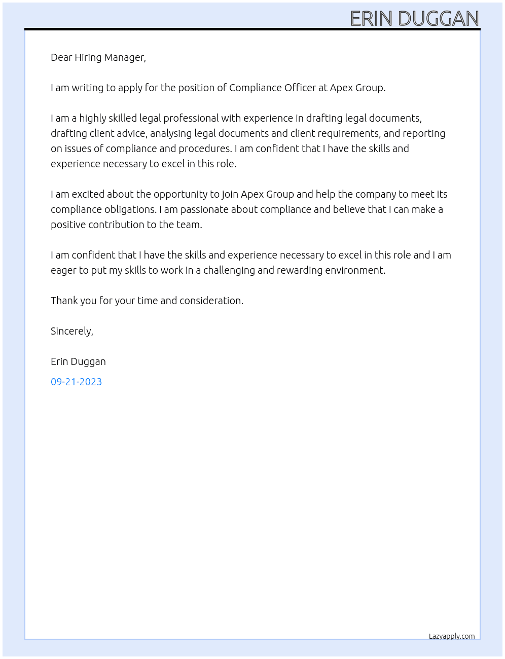 Compliance Officer  At Apex Group Cover Letter
