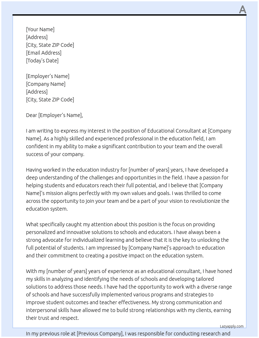 Educational consultant  At A Cover Letter