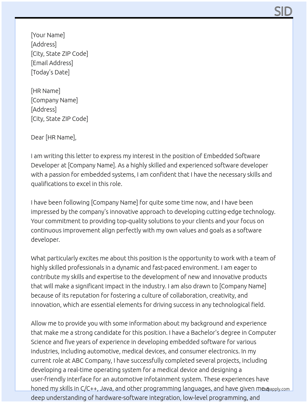 Embedded software developer At TS Cover Letter