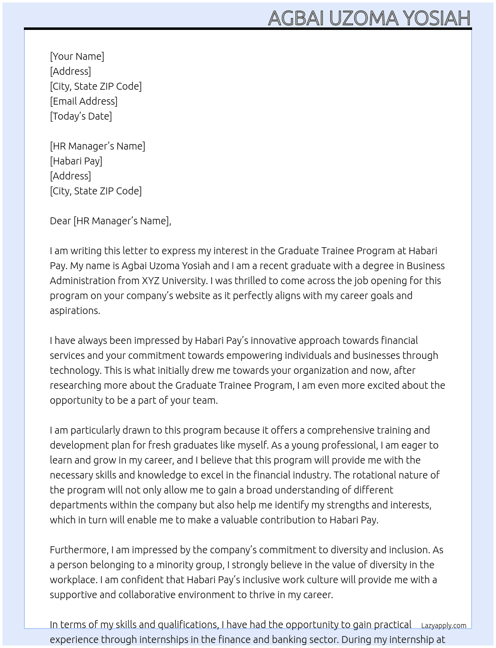 Graduate Trainee Program At Habari Pay Cover Letter