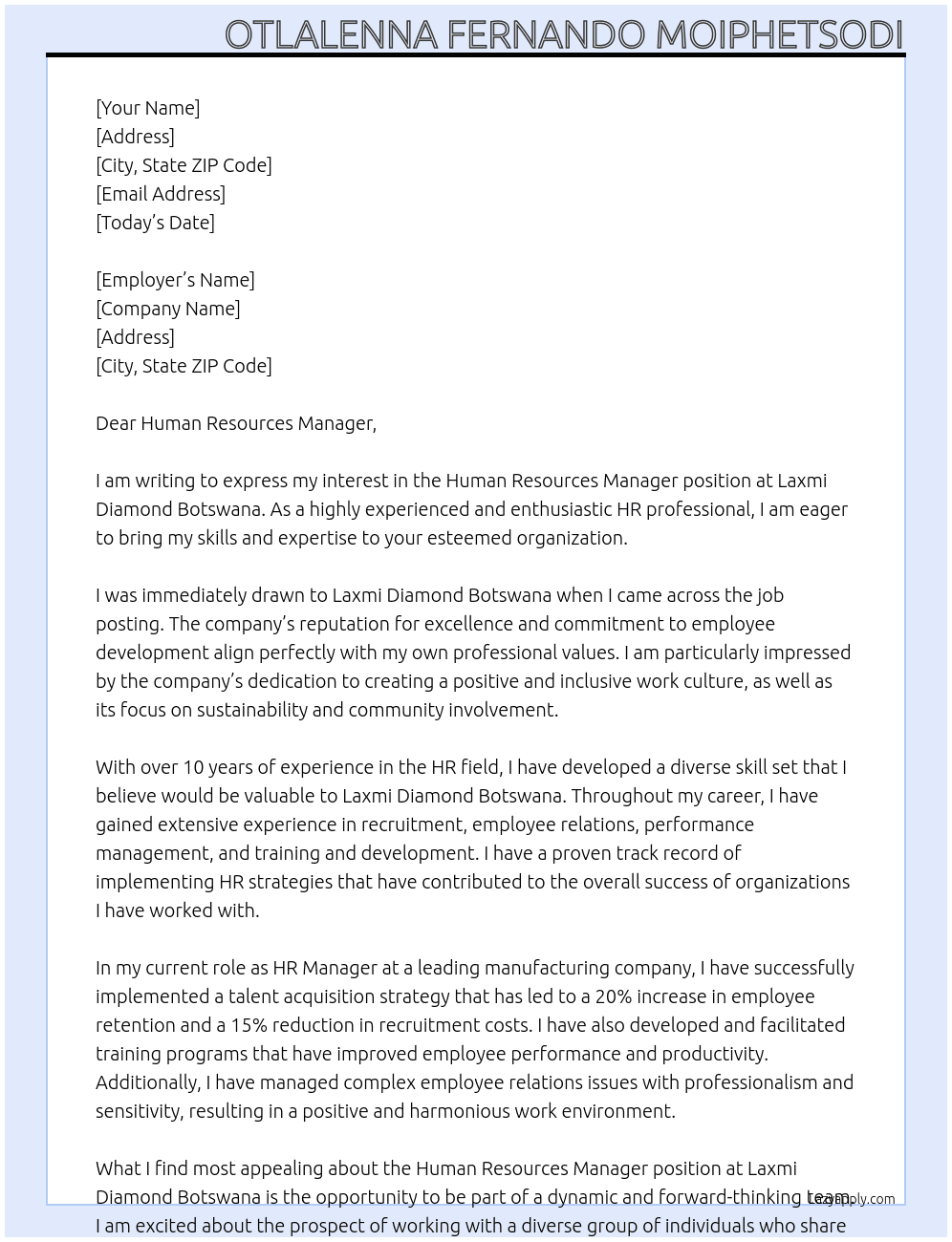 Human Resources manager At Laxmi Diamond Botswana Cover Letter